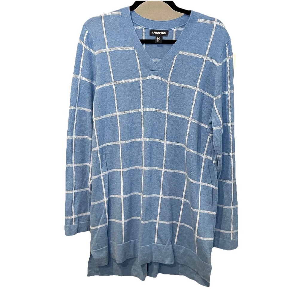 Lands' End‎ Women's Blue & White Grid Pattern V-Neck Sweater, Size L/T (14/16)